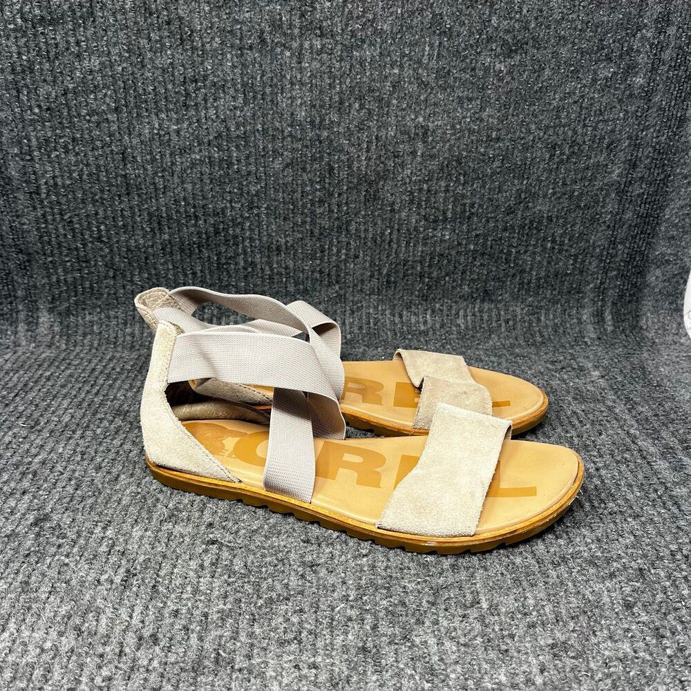 Sorel Ella II Ankle Wrap Suede Sandals Criss Cross Strap Slingback Beige Size‎ 8